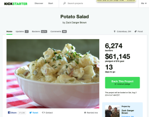 A screenshot of the potato salad campaign's Kickstarter page. By July 20, Brown had raised almost $62,000, backed by almost 6,100 individuals from over 20 countries. 