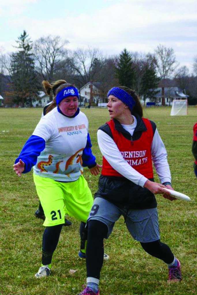 Sarah Williams ‘15 preparing to hick the frisbee down the field during DLUC’s (Denison Ladies Ultimate Club) game against University of Dayton.